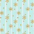 Christmas gold snowflake seamless pattern. Golden glitter snowflakes on blue white lines background. Winter snow texture Royalty Free Stock Photo