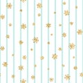 Christmas gold snowflake seamless pattern. Golden glitter snowflakes on blue white lines background. Winter snow texture Royalty Free Stock Photo