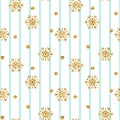 Christmas gold snowflake seamless pattern. Golden glitter snowflakes on blue white lines background. Winter snow texture Royalty Free Stock Photo