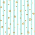 Christmas gold snowflake seamless pattern. Golden glitter snowflakes on blue white lines background. Winter snow texture Royalty Free Stock Photo