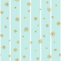 Christmas gold snowflake seamless pattern. Golden glitter snowflakes on blue white lines background. Winter snow texture Royalty Free Stock Photo