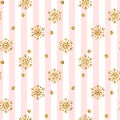 Christmas gold snowflake seamless pattern. Golden glitter snowflakes on pink white lines background. Winter snow texture