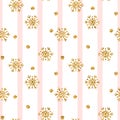 Christmas gold snowflake seamless pattern. Golden glitter snowflakes on pink white lines background. Winter snow texture Royalty Free Stock Photo