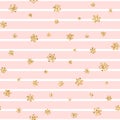 Christmas gold snowflake seamless pattern. Golden glitter snowflakes on pink white lines background. Winter snow texture Royalty Free Stock Photo