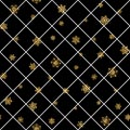 Christmas gold snowflake seamless pattern. Golden snowflakes on black and white rhombus background. Winter snow texture Royalty Free Stock Photo