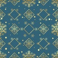 Christmas gold snowflake seamless pattern. Golden snowflakes on blue rhombus background. Winter snow texture wallpaper. Symbol hol Royalty Free Stock Photo