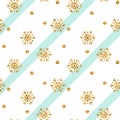 Christmas gold snowflake seamless pattern. Golden snowflakes on blue and white diagonal lines background. Winter snow Royalty Free Stock Photo