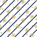 Christmas gold snowflake seamless pattern. Golden snowflakes on blue and white diagonal lines background. Winter snow Royalty Free Stock Photo