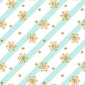 Christmas gold snowflake seamless pattern. Golden snowflakes on blue and white diagonal lines background. Winter snow Royalty Free Stock Photo