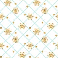 Christmas gold snowflake seamless pattern. Golden snowflakes on blue and white rhombus background. Winter snow texture Royalty Free Stock Photo