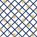 Christmas gold snowflake seamless pattern. Golden snowflakes on blue and white rhombus background. Winter snow texture Royalty Free Stock Photo