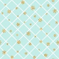 Christmas gold snowflake seamless pattern. Golden snowflakes on blue and white rhombus background. Winter snow texture Royalty Free Stock Photo