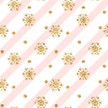 Christmas gold snowflake seamless pattern. Golden snowflakes on pink and white diagonal lines background. Winter snow Royalty Free Stock Photo