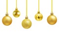 Christmas golden balls hanging on a ribbon for Christmas tree close-up. White isolate Royalty Free Stock Photo