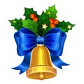 Christmas golden bell with blue bow and Holly berries. Vector Royalty Free Stock Photo