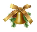 Christmas golden bell with fir branches, cone and gold bow ribbon isolated on white background. Xmas or New Year elements for Royalty Free Stock Photo