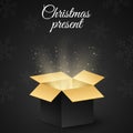 Christmas golden box with a secret gift for the holiday. Abstract glow and golden lights. Dark background. New Year`s snowflakes.