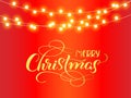 Christmas golden decoration on red background. Merry Christmas and text. Hanging glitter garlands stars For party posters, banners