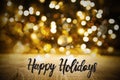 Christmas Golden Lights Background, Calligraphy Happy Holidays