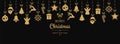 Christmas golden ornament elements hanging black background