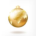 Christmas golden planet Earth ball. Holiday vector illustration of traditional festive X-mas bauble with global map Royalty Free Stock Photo