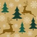 Golden Christmas Seamless Pattern, Deer Snowflakes Winter Surface Pattern, Winter Vector Repeat Pattern for Home Decor, Textile