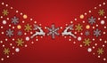 Christmas golden and silver decoration. Happy New Year red background. Silver and golden deer, snowflakes. Template for greeting Royalty Free Stock Photo