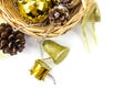 Christmas golden and silver decorations on white background. Basket weave on table top view