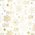 Christmas golden snowflakes seamless vector pattern. Modern graphic Christmas trees stars holiday background metallic gold foil on Royalty Free Stock Photo