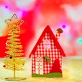 Christmas golden tree and red vichy house Royalty Free Stock Photo