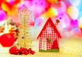 Christmas golden tree and red vichy house Royalty Free Stock Photo
