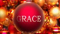 Christmas Grace - dozens of golden rich and red Holiday ornaments with a Grace red ball in the middle, 3d illustration