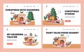 Christmas with Grandma Landing Page Template Set. Children Listen Granny Sitting on Chair Read Book to Girls and Boys