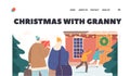 Christmas with Granny Landing Page Template. Parents with Children Visit Grandparents Home for Winter Holidays