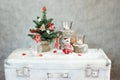 Christmas gray background with candles and tree