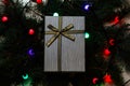 Christmas gray present box with golden ribbon fir-tree branches on the dark background close-up. Flatlay, view from Royalty Free Stock Photo