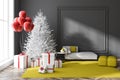 Christmas in gray room interior, tree and gifts, Royalty Free Stock Photo