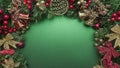 Christmas green background filled with red and gold decors with copyspace