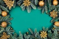 Christmas green background with fir tree and golden toys Royalty Free Stock Photo