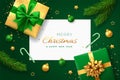 Christmas green background with square paper banner, realistic gift boxes with green and golden bows, pine branches, gold stars Royalty Free Stock Photo