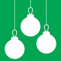 Christmas green background with three decorative balls. Xmas toys hanging banner. Holiday greeting template. Flat, simple vector i