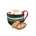 Christmas green cup of coffee with cookies. illustration for cards, leaflets or banners on white background