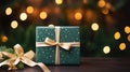 Christmas green gift box on wooden table against blurred festive golden lights. Merry Xmas and Happy New Year greeting card. Royalty Free Stock Photo