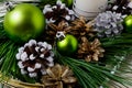 Christmas green ornament and snowy decorated pine cones Royalty Free Stock Photo