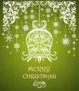 Christmas ornate greeting green card with floral craft decoration, hanging snowflakes and paper cutting jingle bell Royalty Free Stock Photo