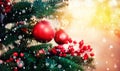 Christmas green pine tree with background bokeh sun light with snow Royalty Free Stock Photo