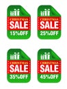 Set of Christmas green sale stickers. Christmas sale 15%, 25%, 35%, 45% off. Stickers with gift boxes icon Royalty Free Stock Photo