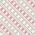 Christmas green white red snowflake striped seamless vector pattern background. Snowflakes and diagonal candy cane Royalty Free Stock Photo