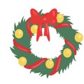 christmas green wreath with red ribbon and red bow and with yellow balls Royalty Free Stock Photo