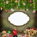 Christmas greeting background with frame, Christmas toys, pine branches, sweets